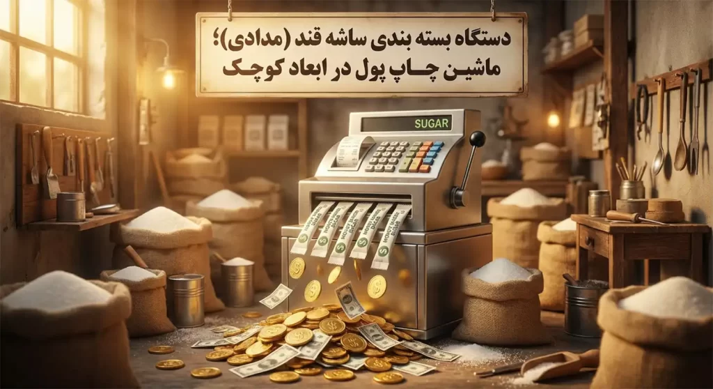 🍬 دستگاه بسته بندی ساشه قند (مدادی)؛ ماشین چاپ پول در ابعاد کوچک 5